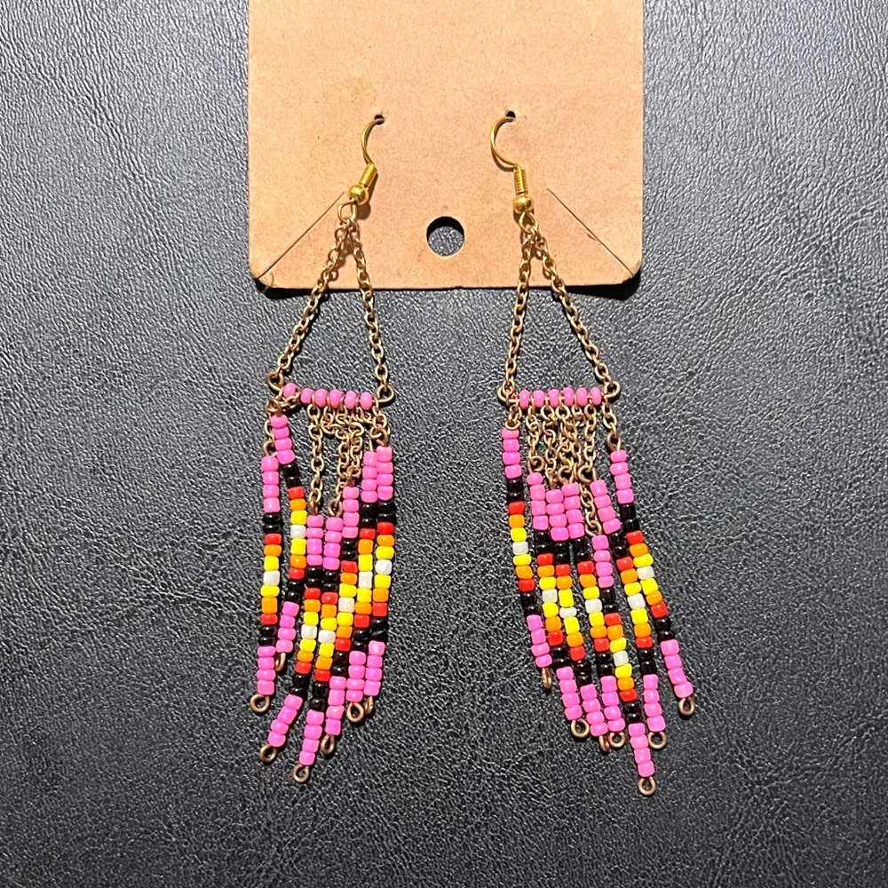 Colorful Hand Made Pink Beaded Dangle Earrings - Picture 1 of 1